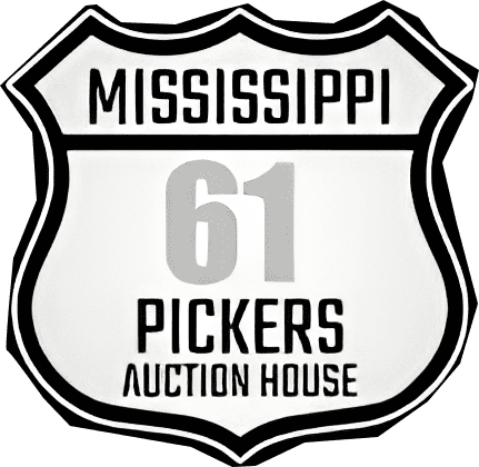 A sign that says mississippi 6 1 pickers auction house.